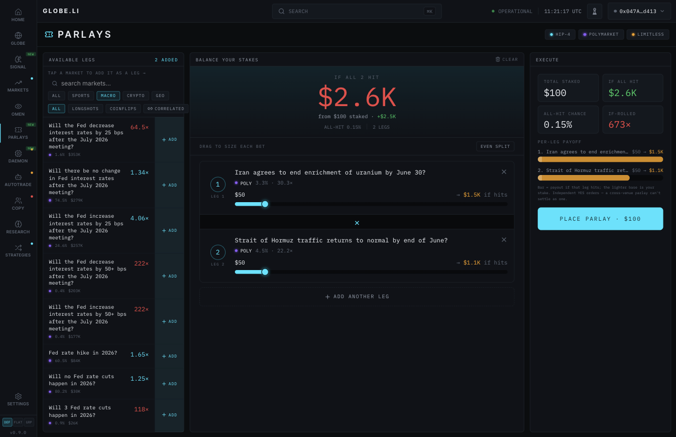 globe.li cross-venue parlay builder