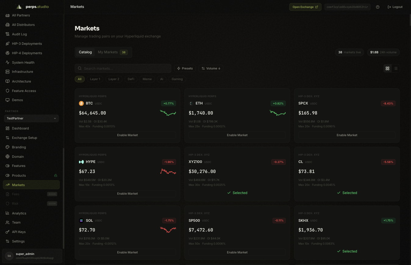 perps.studio admin portal — market configuration