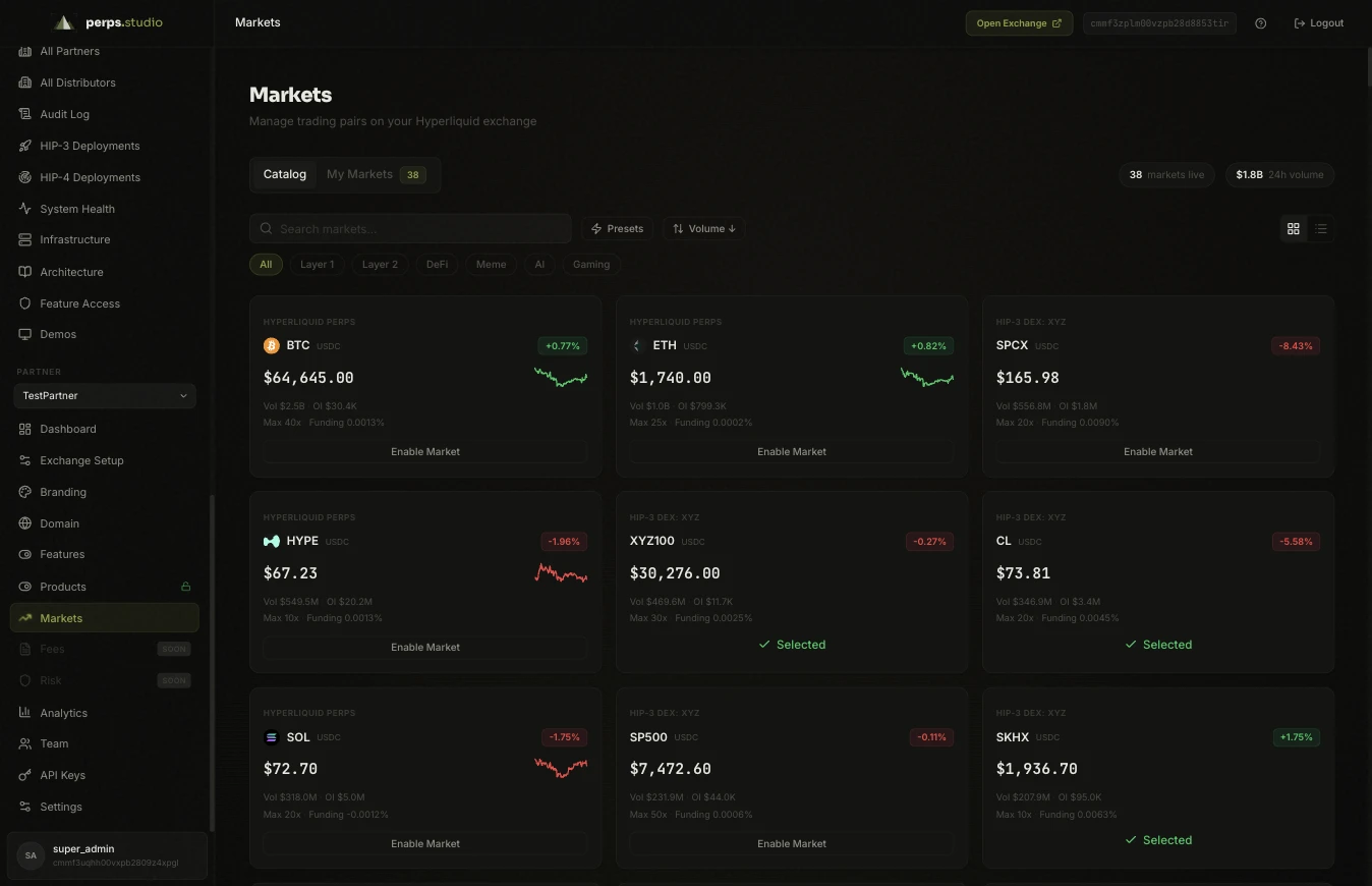 perps.studio admin portal - market configuration