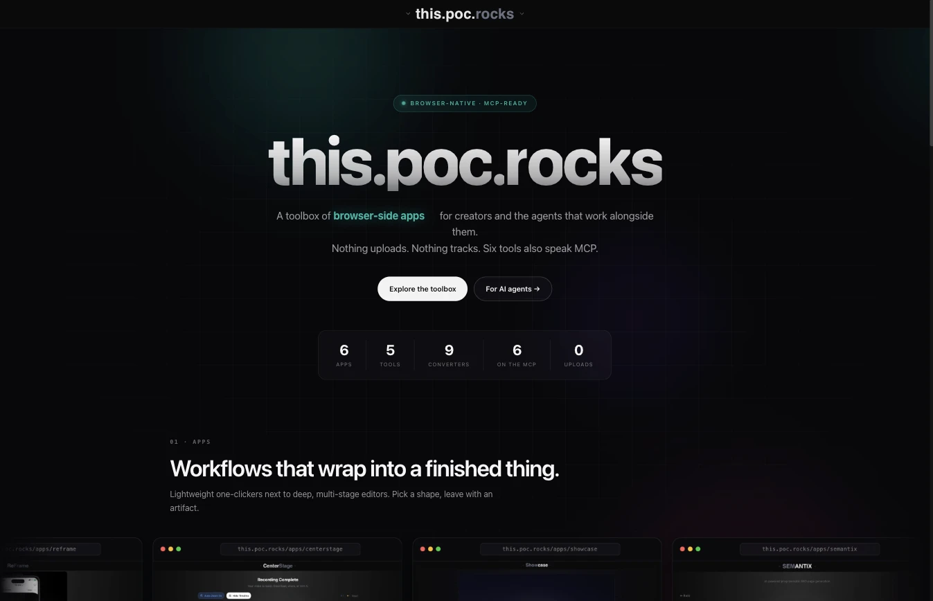 this.poc.rocks - browser-based creative tools and AI agent toolbox