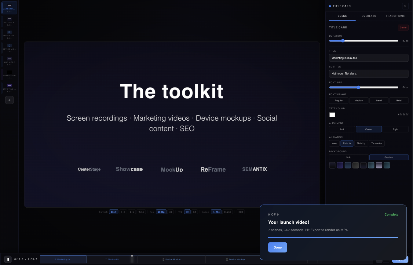 Shwcase — in-browser launch-video studio